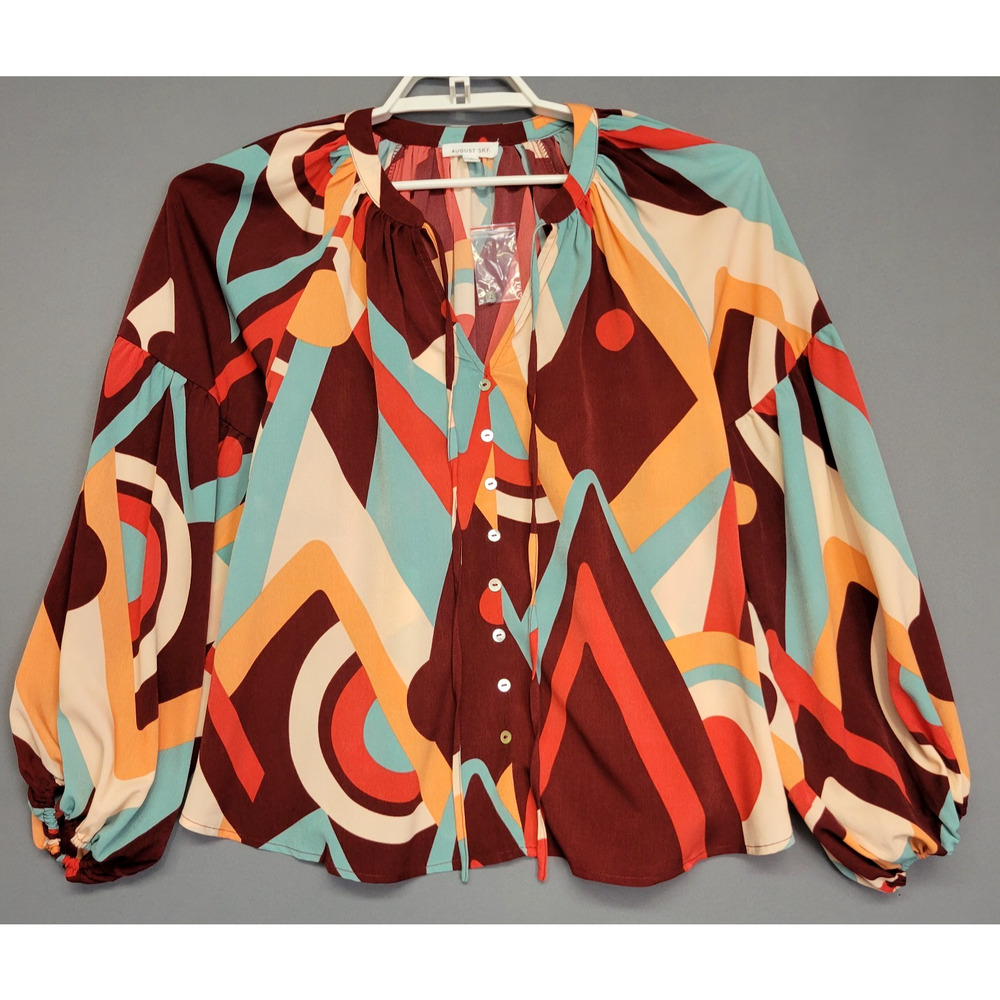 August‎ Sky Boho Top Women S Brown Geometric Retro Buttons Balloon Sleeves New
